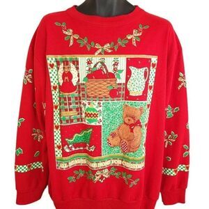Christmas Teddy Bear Sweatshirt Vintage 90s All Over Print Made In USA Mens